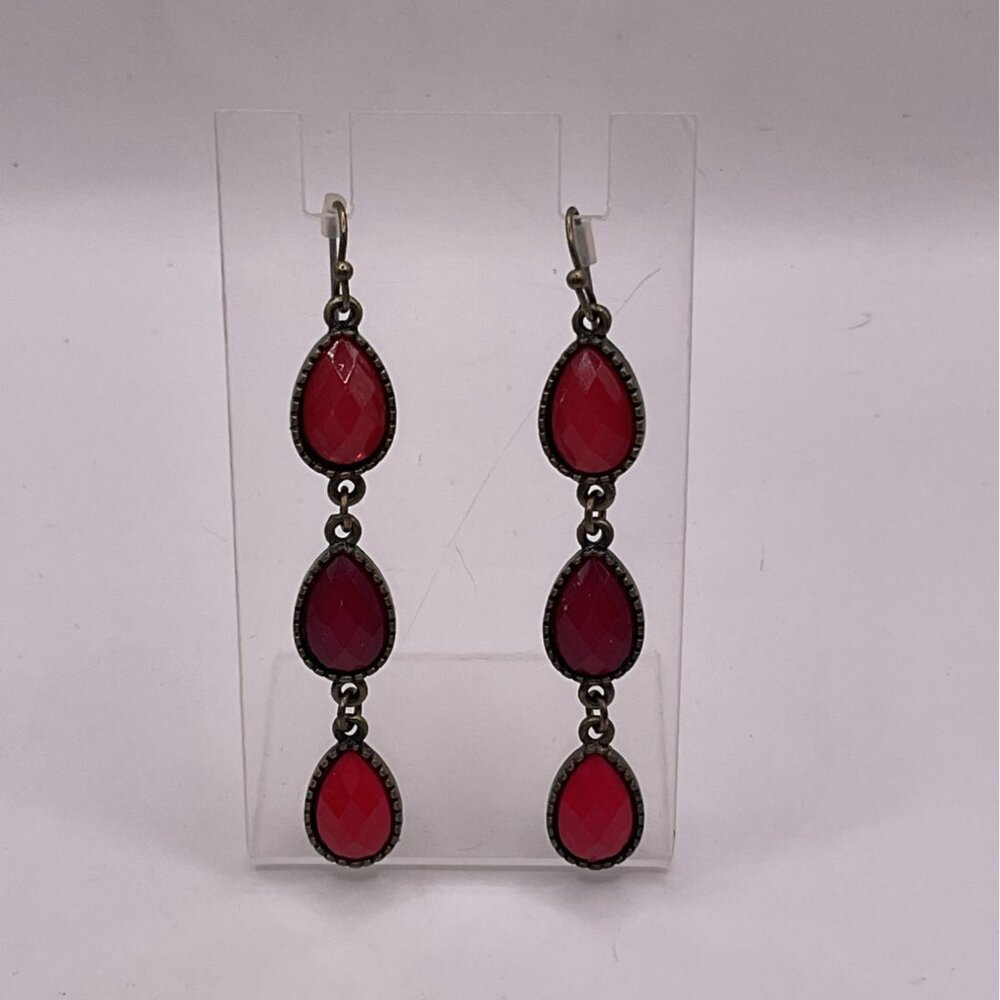Red Teardrop Dangle Earrings With Silver Tone Accents